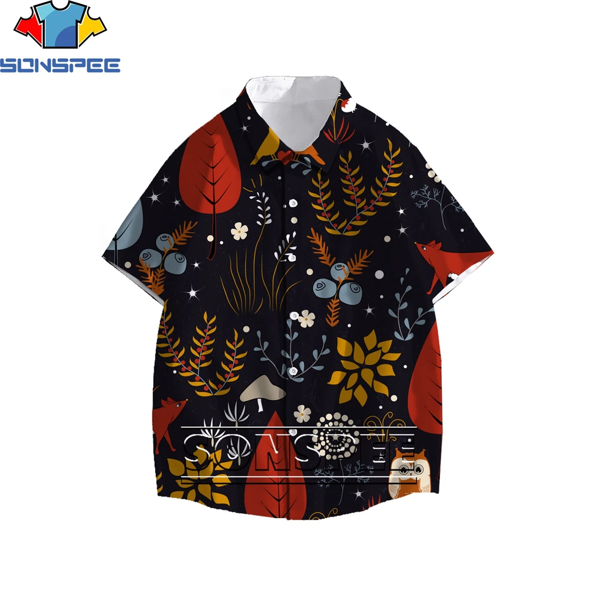 

SONSPEE Fashion Cute Cartoon Fox Splicing Style 3D Print Men's Shirt Summer Otaku Hawaiian Beach Casual Buttons Oversize Top