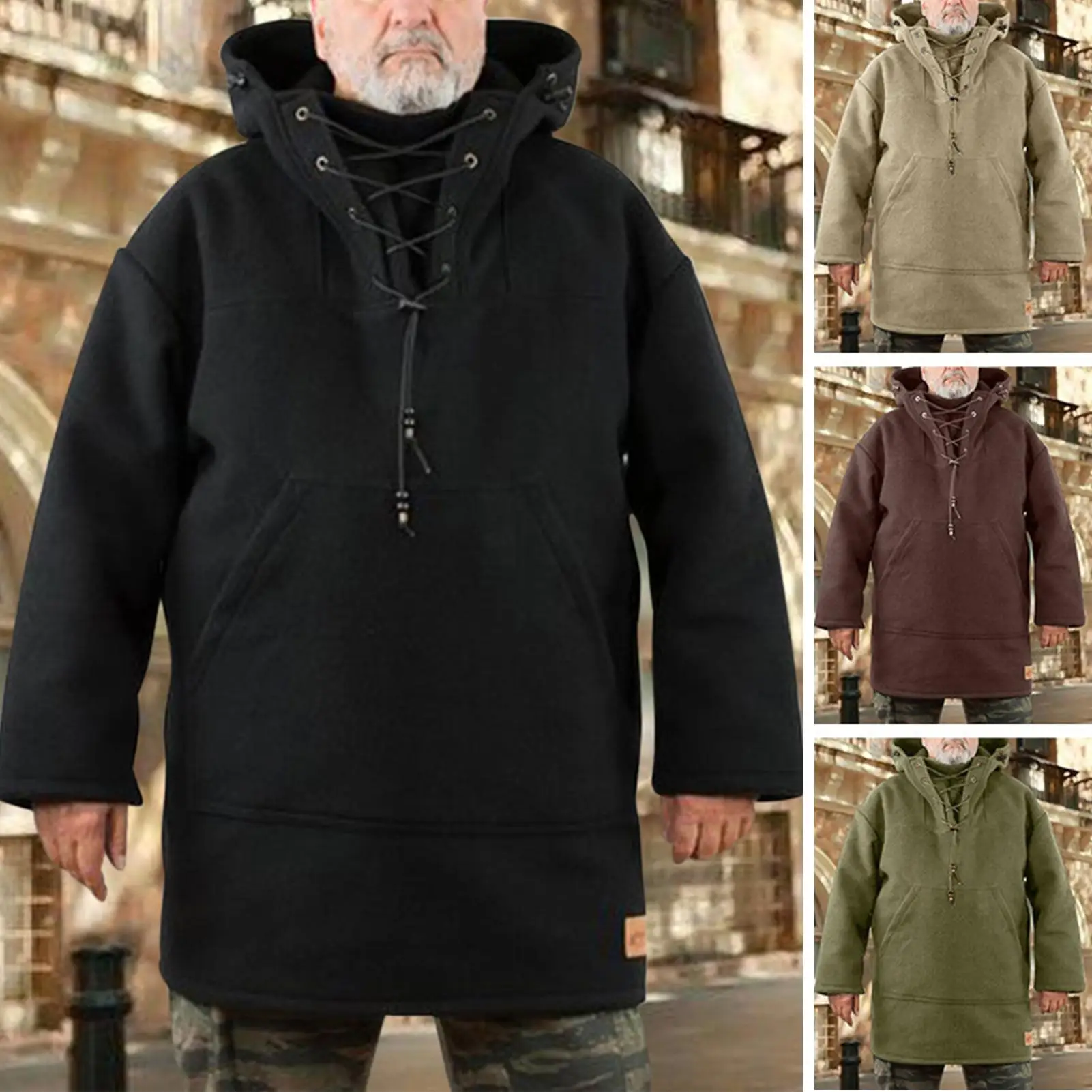 

Men Jackets Zipper Autumn Winter Hooded Jacket Outwear Men Solid Color Hoodie Long Sleeve Drawstring Windproof Hooded Sweatshirt
