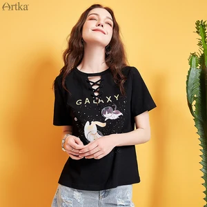 Женская футболка с широким рукавом ARTKA, черная хлопковая футболка с модным принтом и круглым вырезом, TA15290X, на лето 2019