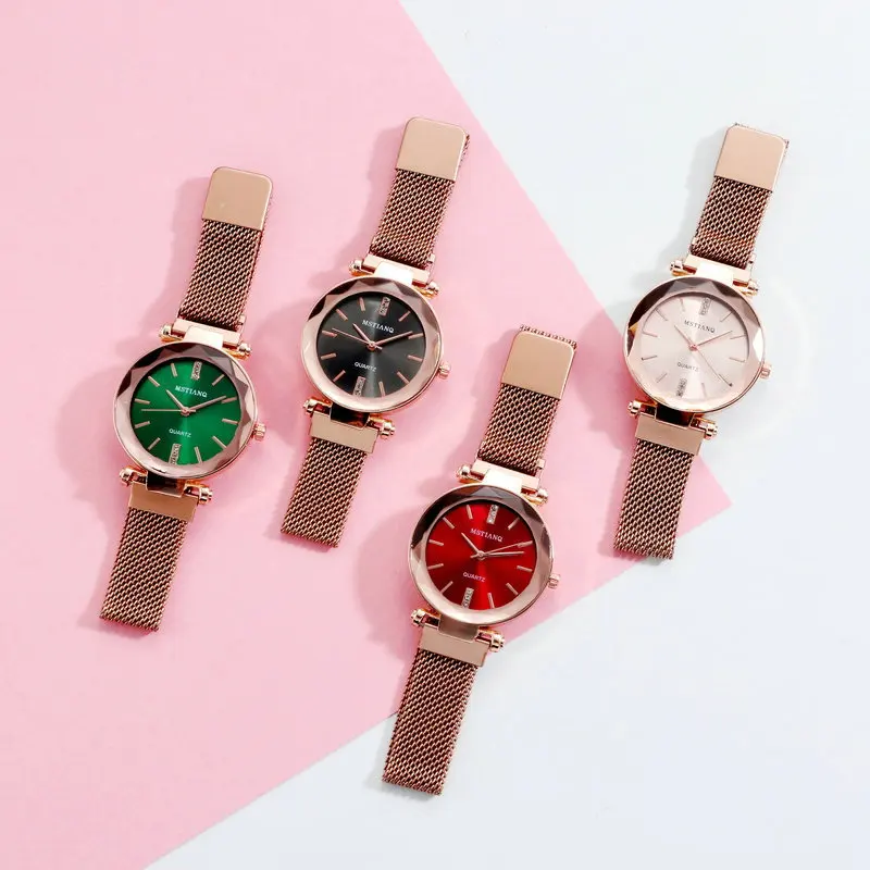 Топ брендовые комплекты Звездные часы для женщин розовое золото сетка магнит