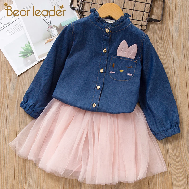 Bear Leader Girls Dress Casual Style Christmas Long Sleeve Denim Cartoon Embroidery Shirt+Mesh 2pc for Clothes | Детская одежда и