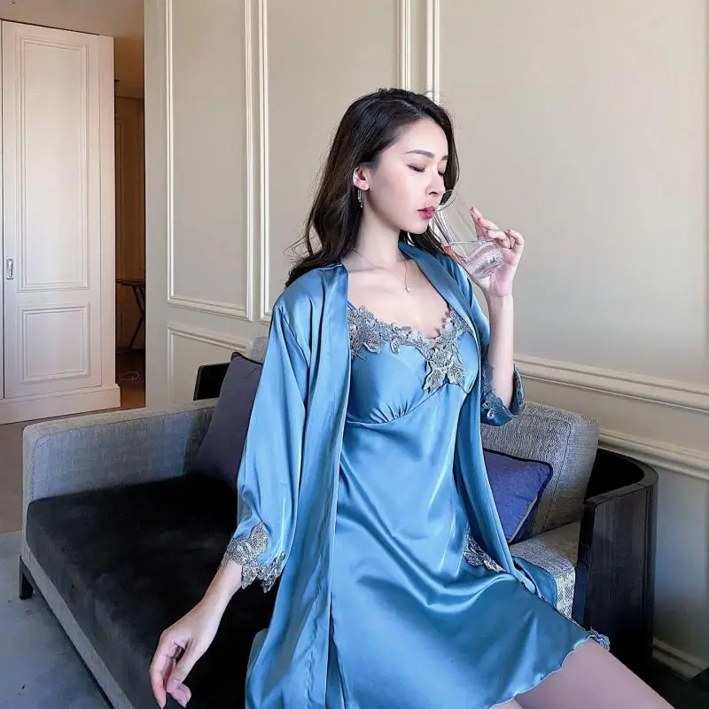 

Sexy Women Sleepwear Nightgown V-Neck Lace Trim Loungewear Pink Wedding Robe Set Summer Dress Home Suit Female Satin Bathrobe