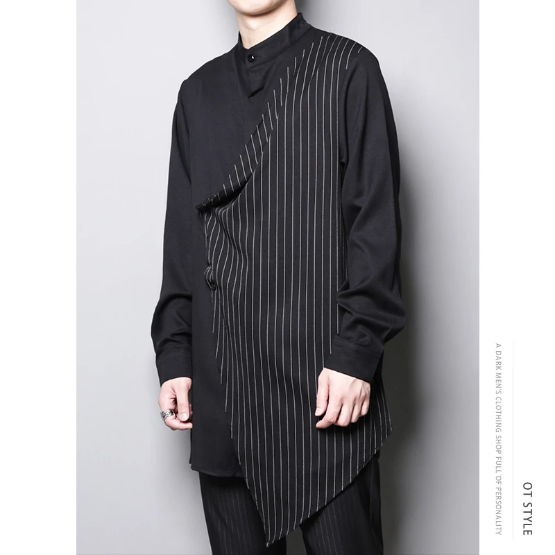 2021 Personality stylist asymmetrically spliced striped dark black mid-length long-sleeved shirt for men