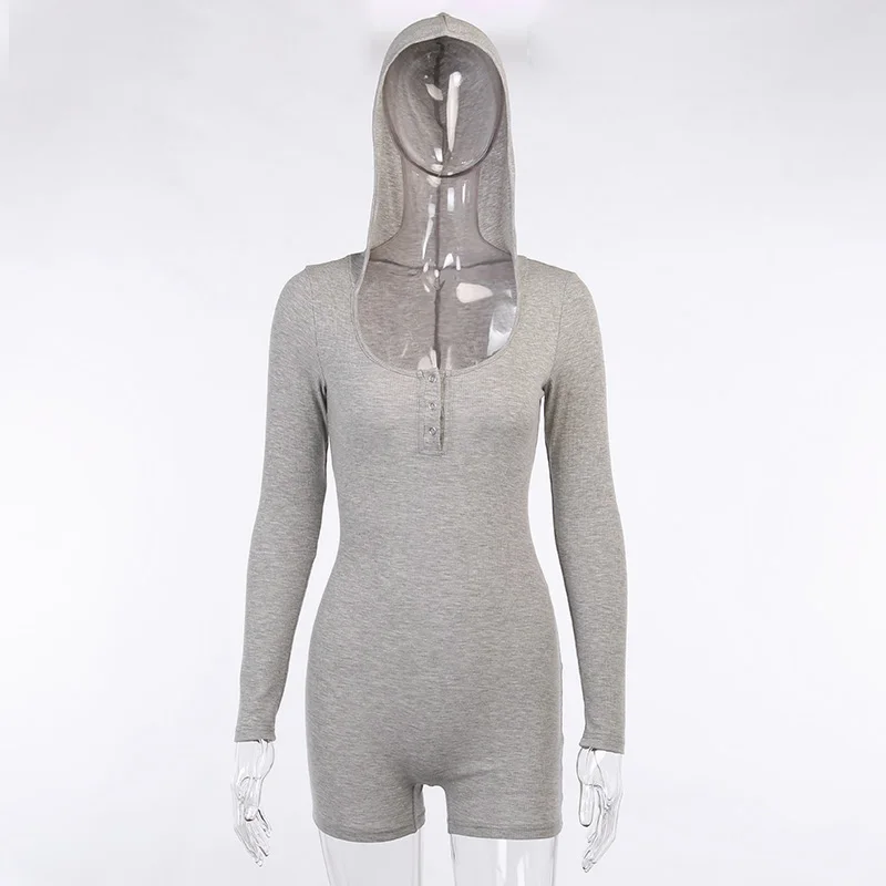 

Imcute Deep V-neck Hooded Buttons Playsuit Biker Shorts Sexy Women Fall Long Sleeve Slim Pure Color Jumpsuit Rompers One-pieces