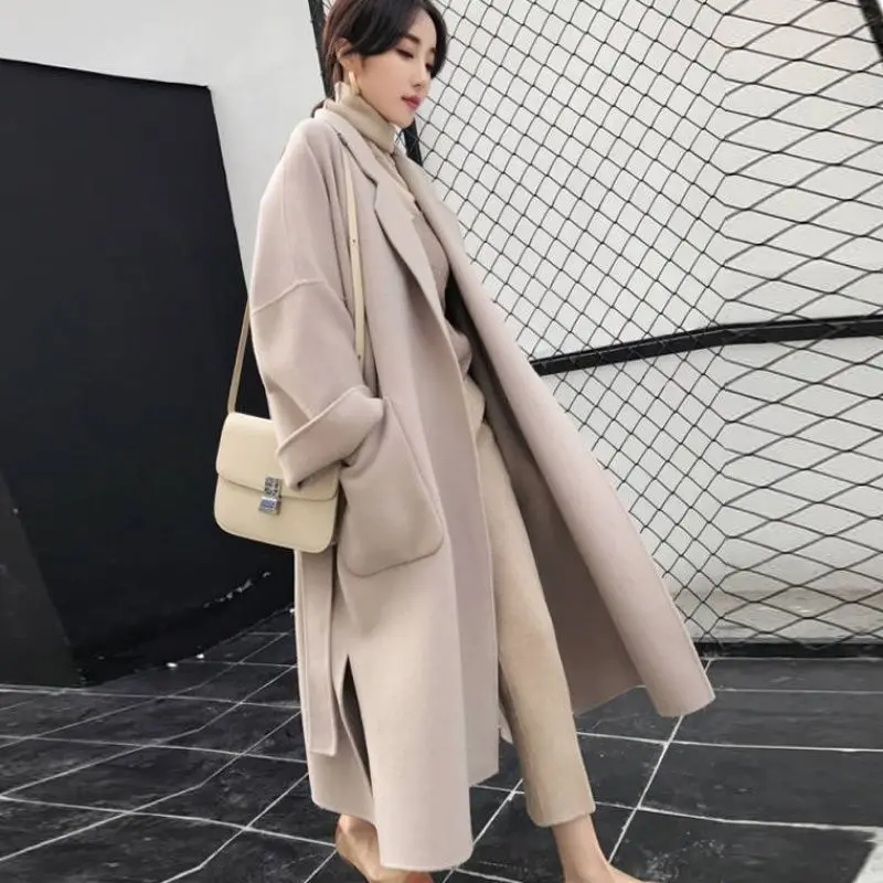 

2021 New winter beige wool for women long slim women's woolen coat belt cashmere