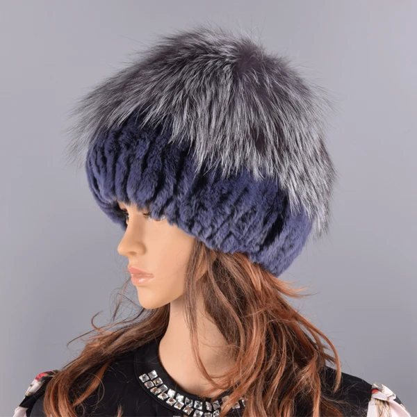 winter women hats fox rabbit fur pompom skullies beanies warm elastic fashionable fluffy thick outdoor stylish natural fur hats - Цвет: Blue