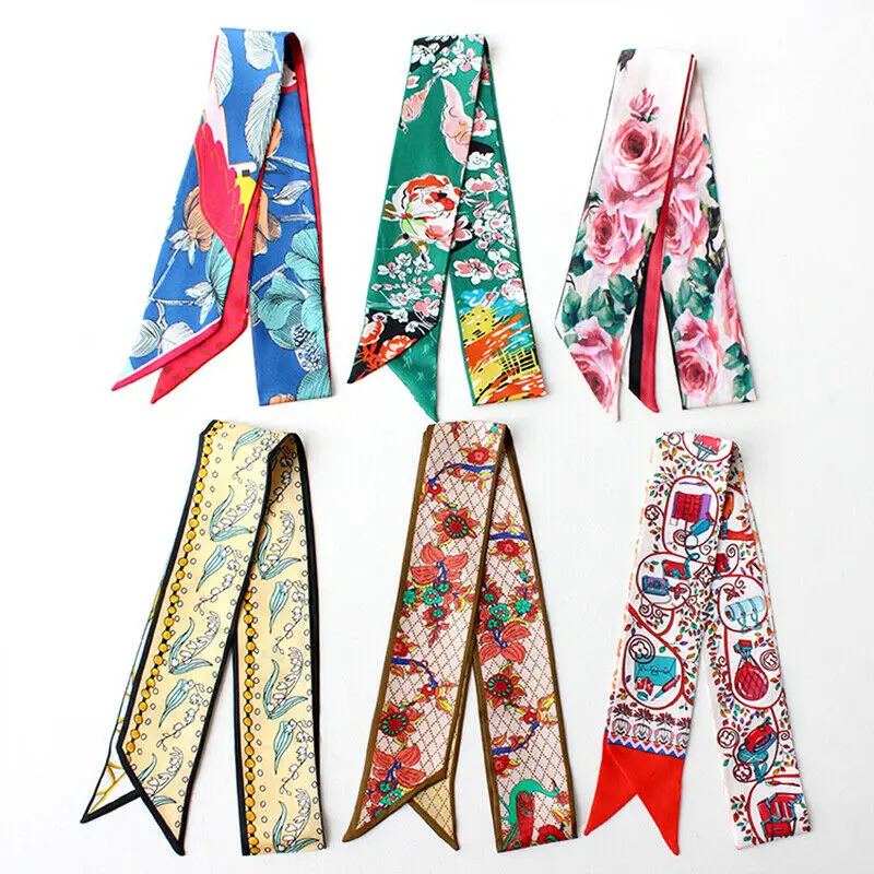 

100% Silk Scarf Twill Ribbon Women Fashion Flower Print Kerchief Neck Hair Bag Headband Bandana Long Turban 116*5.5cm