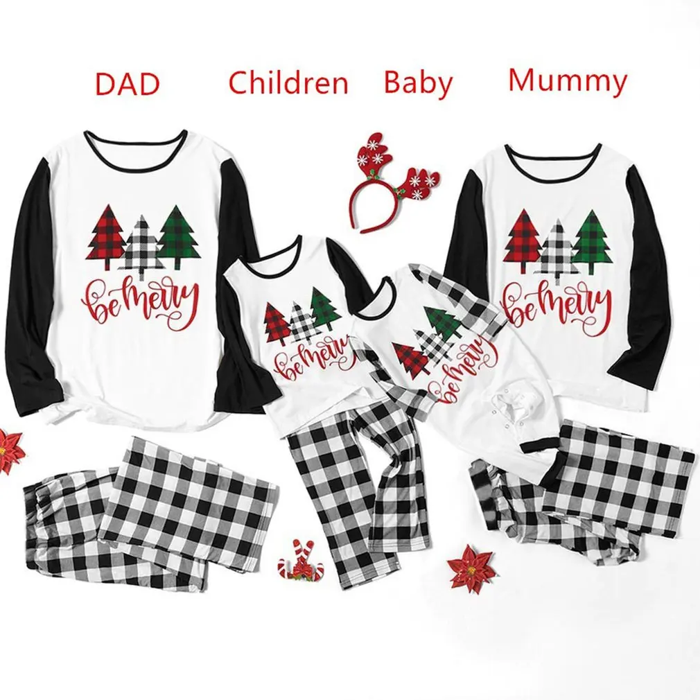 Family Matching Christmas Pajamas Sets 2PCS Mommy And Me Christmas Tree Print Homewear Father Son Top+Pants Xmas Set