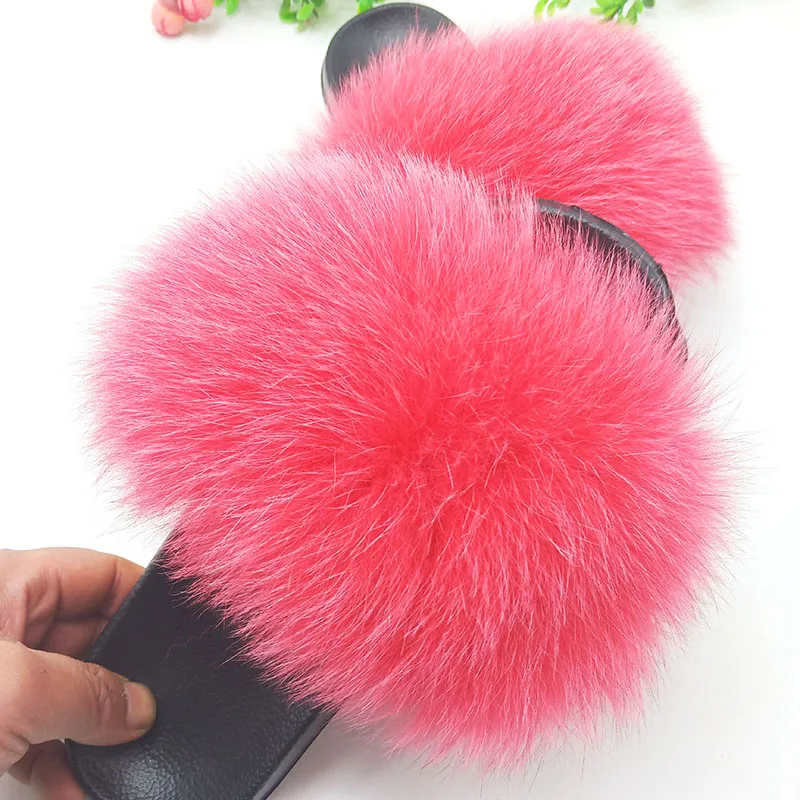 watermelon red ; Шлепанцы из натурального Лисьего меха; женские/мужские пушистые сандалии; женские шлепанцы с мехом; женские шлепанцы из лисьего меха; большие размеры - Цвет: watermelon red