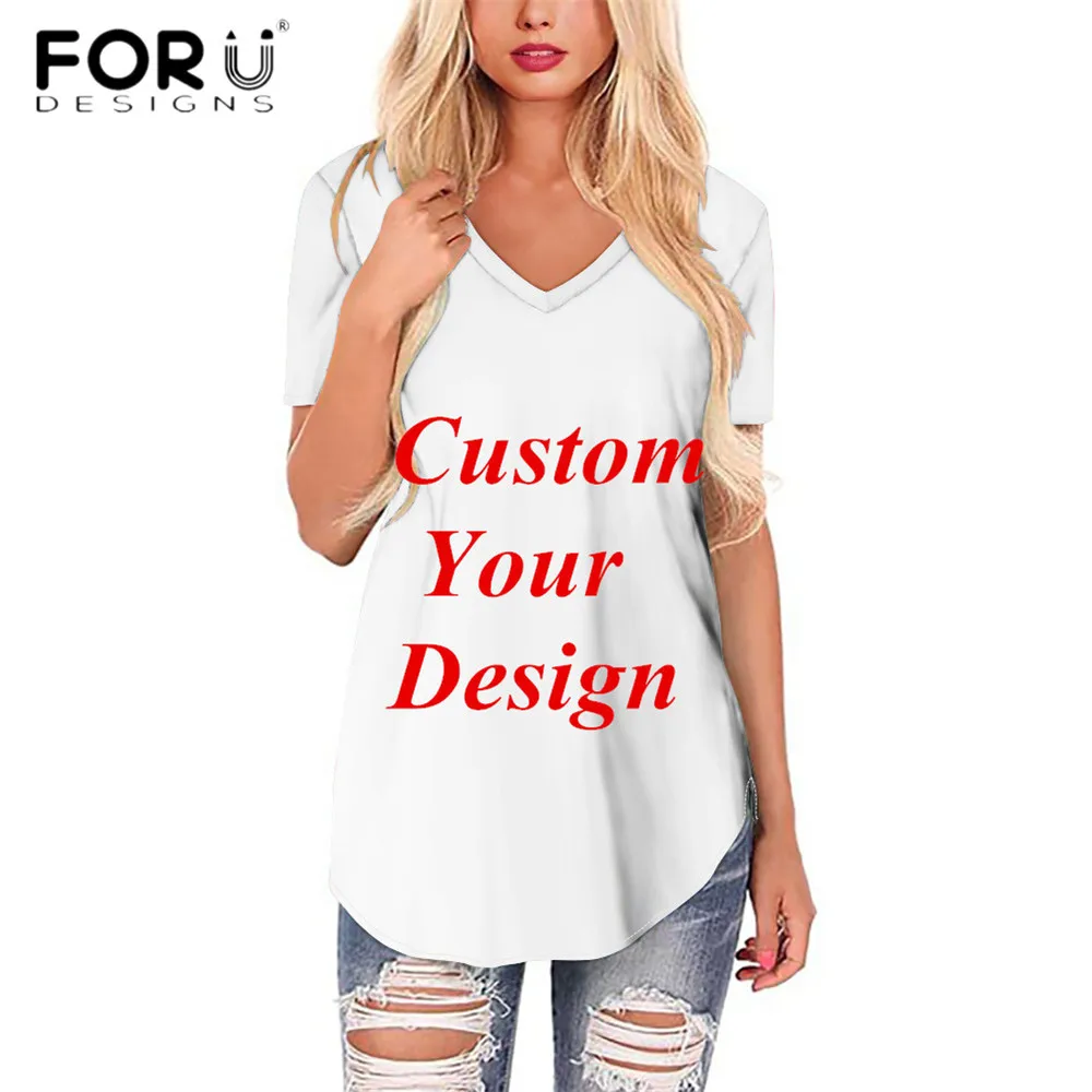 

FORUDESIGNS/Индивидуальные изображения/логотип/принт с именем, женские футболки с короткими рукавами и v-образным вырезом, повседневные летние ф...