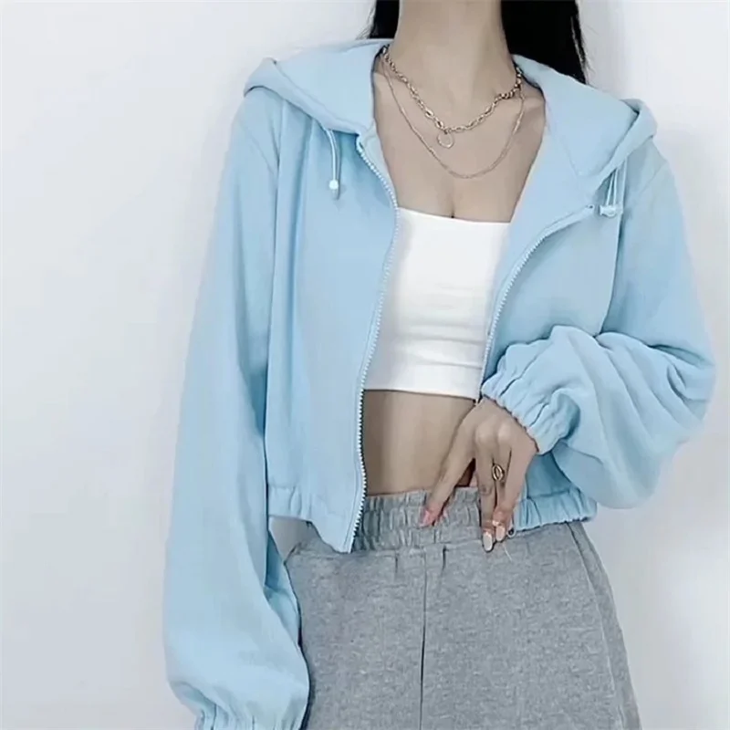 

Женская свободная спортивная куртка на молнии, осенне-Весенняя однотонная толстовка с двойным шнурком, 7 цветов