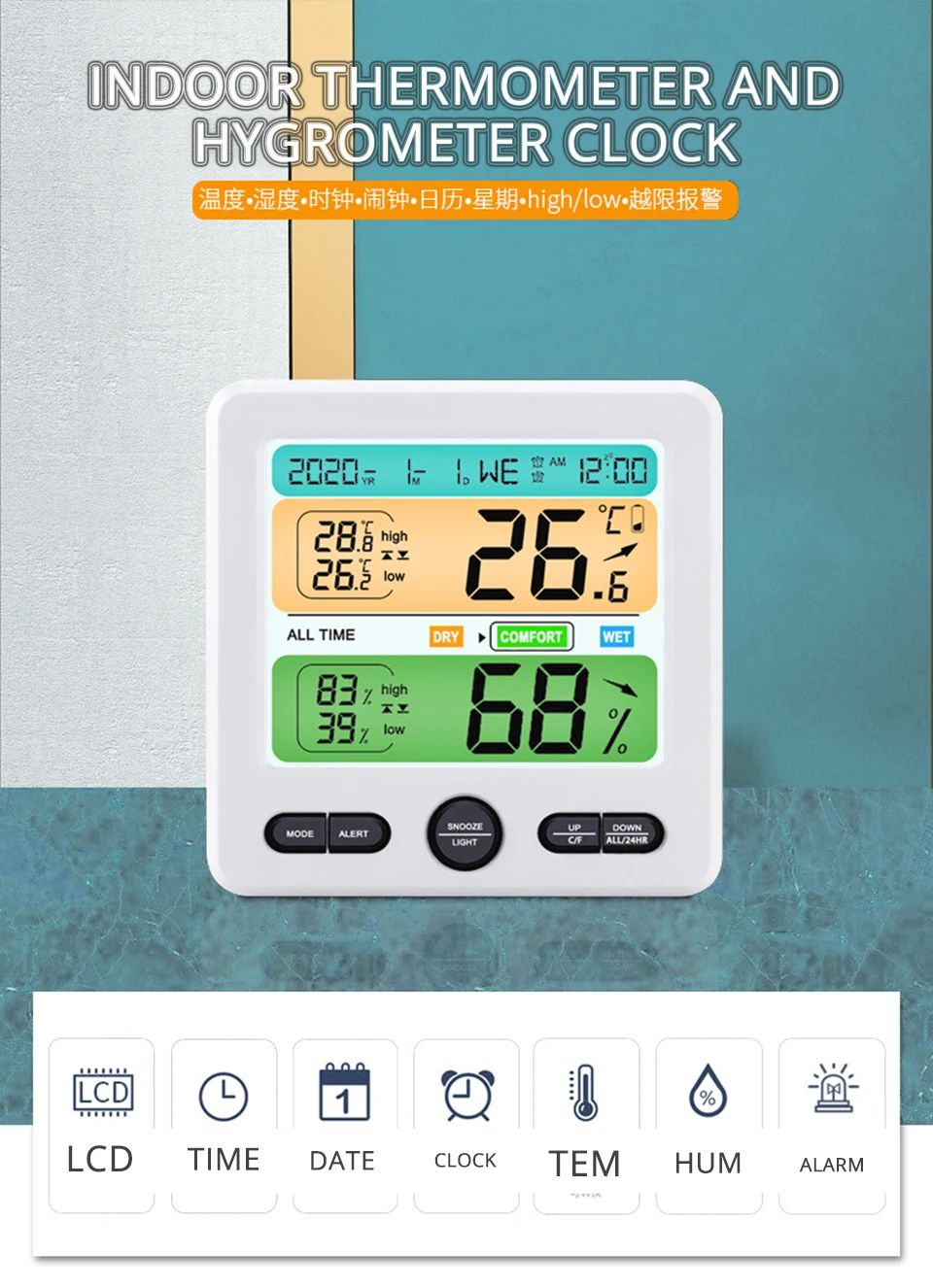 

LED Digital Alarm Clock Luminous Electronic Display with Snooze Backlight Temperature Humidity Mode,tem Change with Color Decor