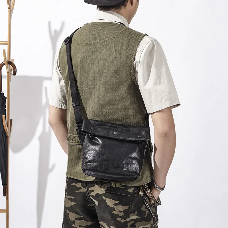 Retro fashion designer natural genuine leather men's shoulder bag daily weekend work youth rivet cowhide messenger bag