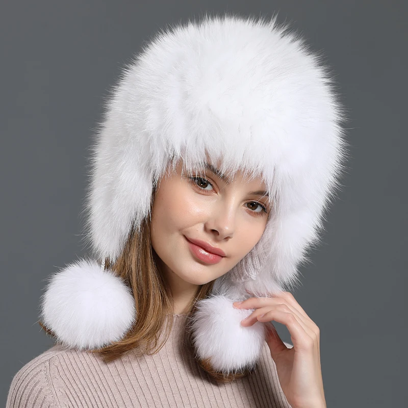 Зимняя женская шапка, новинка, натуральный Лисий мех, шапки-бомберы, русские ушанки, натуральный мех енота, шапки для женщин