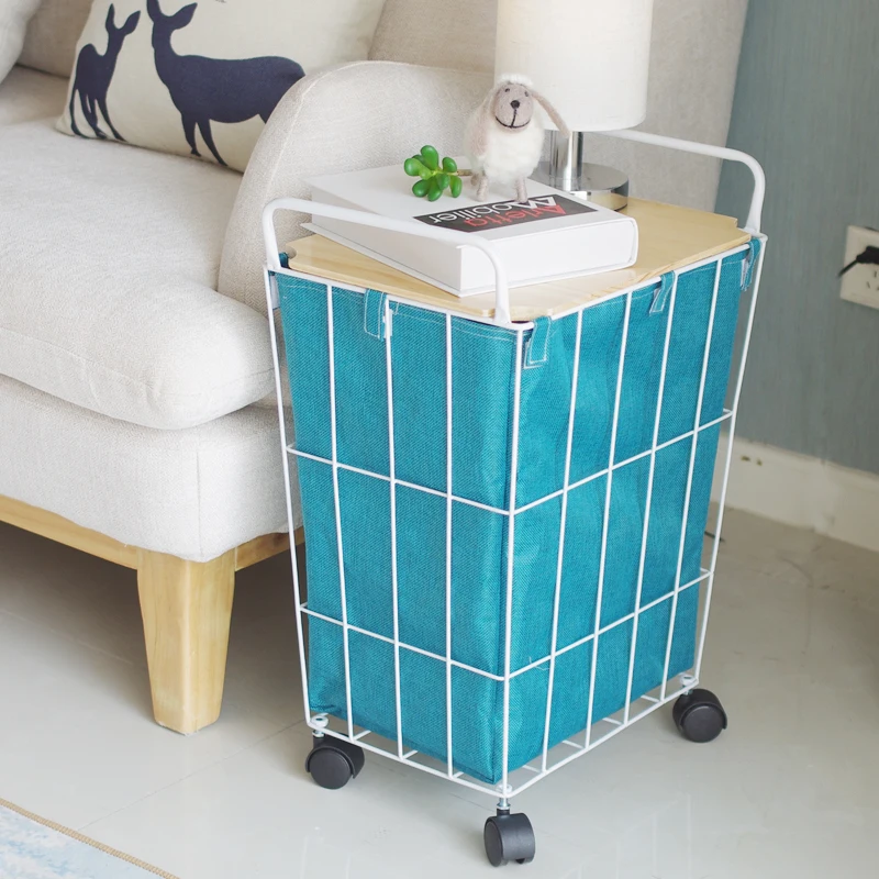 

Wrought iron hamper Nordic wheel storage basket with lid bathroom balcony storage barrel lined waterproof