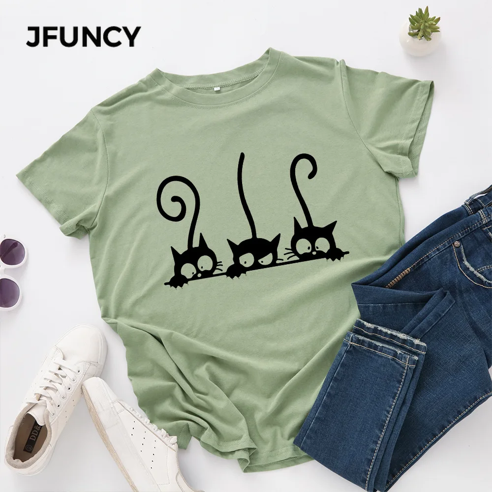JFUNCY  Women T Shirt New Cat Print T-shirts Female Short Sleeve Cotton Tees Tops Woman Summer Tshirt