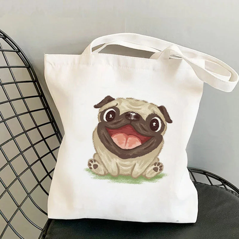 

2021 Shopper Happy Pug Cartoons Printed Tote Bag women Harajuku shopper handbag girl Shoulder shopping bag Lady Canvas Bag
