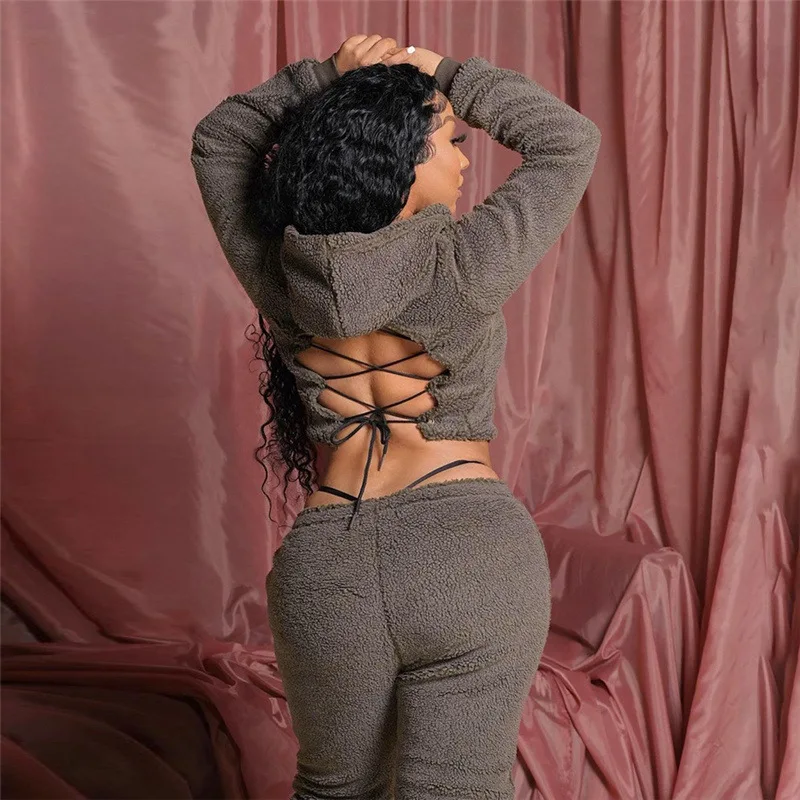 

2pcs Tracksuits Women Sexy Backless Bandage Hooded Crop Top Casual Straight Pants Suit Women Winter Fleece Two Piece Suits 2022