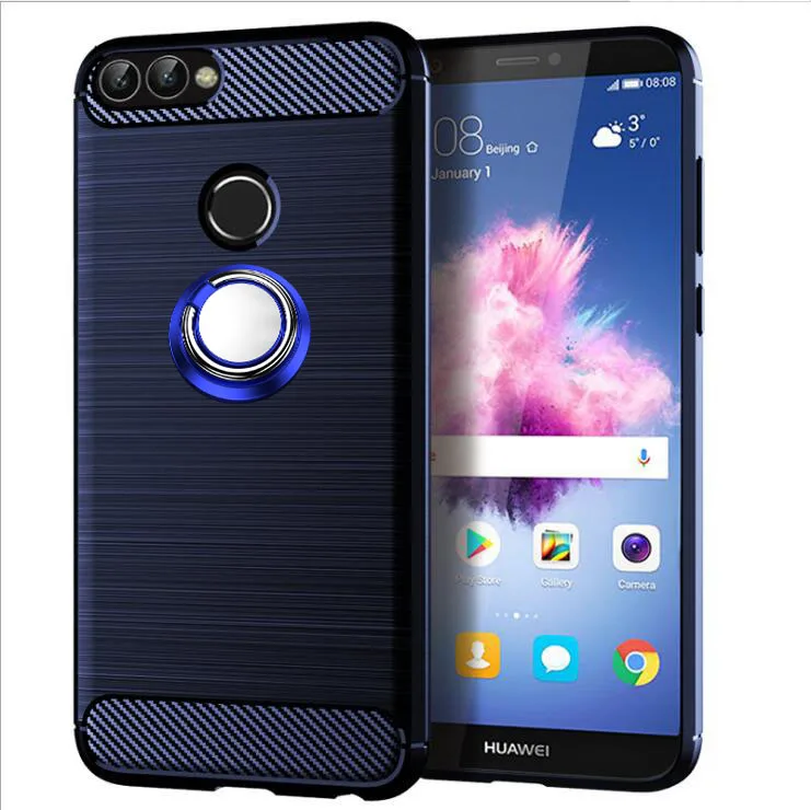 for huawei p smart 2018 case luxury brushed carbon fiber phone case huawei p smart fig lx1 magnetic ring holder cover case free global shipping
