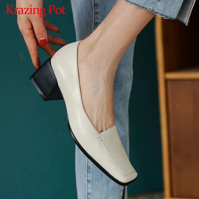 

Krazing Pot concise style genuine leather handmade convenient square toe thick med heel slip on office lady cozy women pumps L11