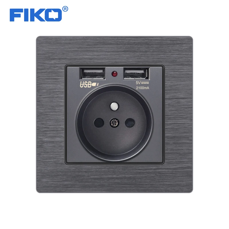 

FIKO Gold Aluminum alloy panel FR/ EU standard with USB ，16A household wall socket 86*86mm wall power outlet safety