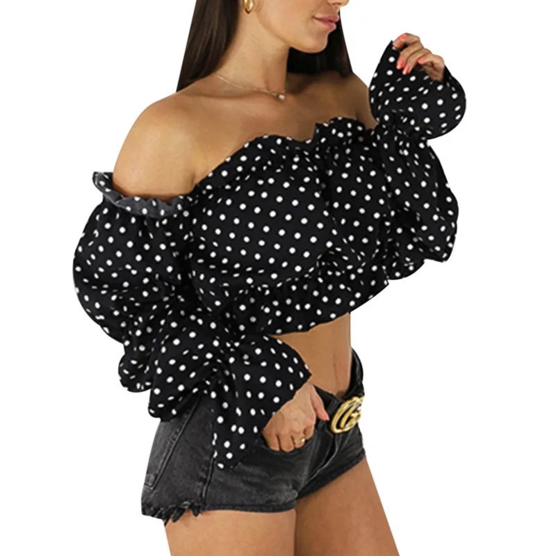 

Blouses Ladies Autumn 2020 Sexy Off Shoulder Dot Print Lantern Long Sleeve Slash Neck Streetwear Shirt Chiffon Beach Crop Tops
