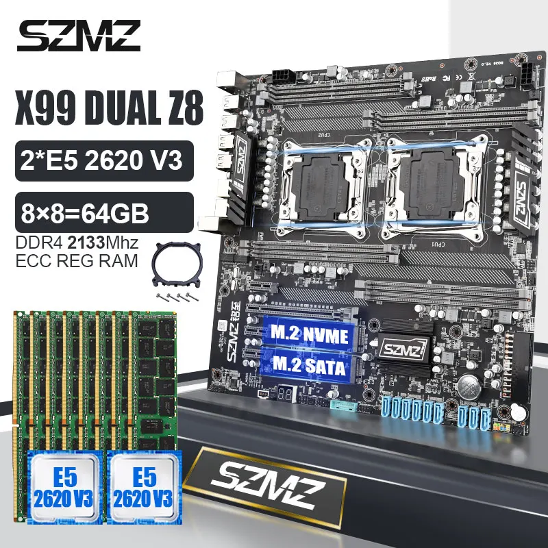 Billig SZMZ X99 Dual Motherboad Set Mit Pack Xeon E5 2620 V3 CPU + DDR4 RAM Kit Unterstützung E5 2680 2650 2678 V4 V3 Basis Platte X99 Combo
