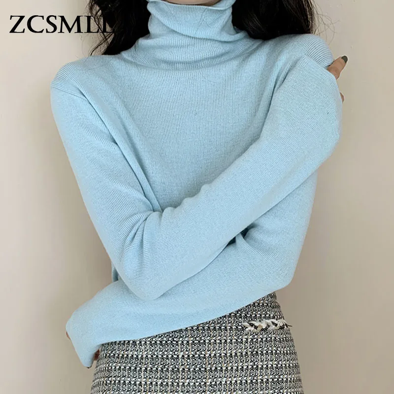 

ZCSMLL корейские шикарные осенние простые и универсальные мягкие Топы Синяя водолазка пуловер тонкий женский свитер с длинными рукавами