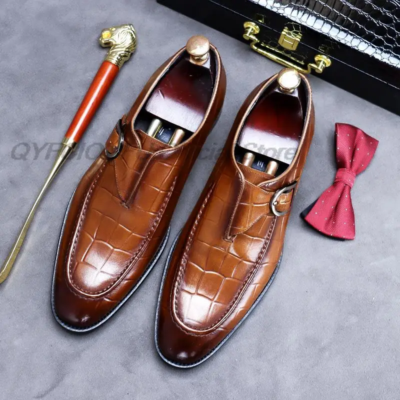 

Big Size 46 Mens Monk Strap Dress Shoes Genuine Leather Luxury Crocodile Print Double Buckles Pointed Toe Wedding Shoes for Men