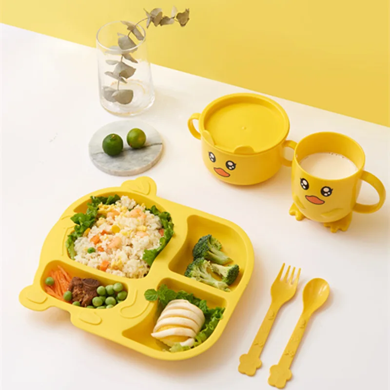 Children's tableware set bowl spoon fork feeding training meal cartoon creative car animal anti-scalding wheat straw plate | Мать и