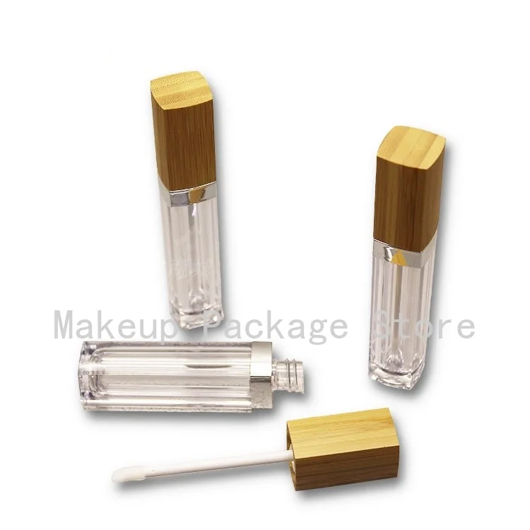 

6ml 30/60/200pcs Clear Lip Gloss Tube with Bamboo Brush Square DIY Natural Bamboo Lipgloss Tube Cosmetics Packaging Container