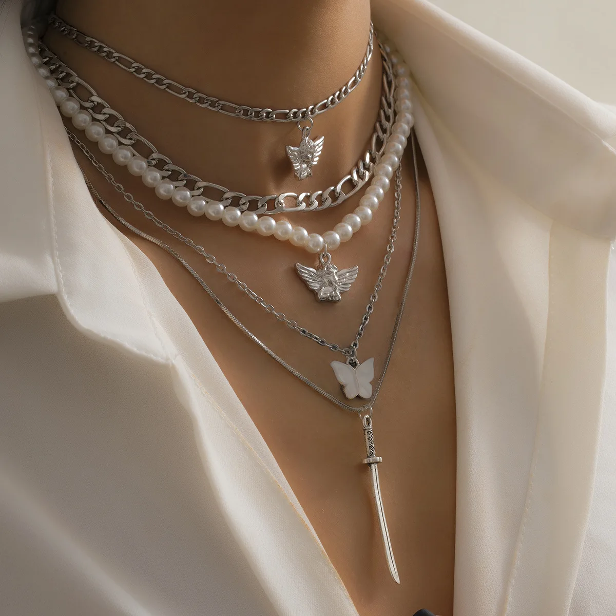 

Angel Butterfly Necklace Cuban Link Multilayered Little Metal Knife Pendant Women Pearls Collar Perlas Joyeria Fina Para Mujer
