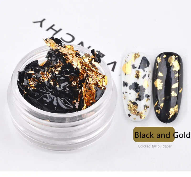 Black and Gold 1 коробка алюминиевая фольга для ногтей двухсторонняя красочная неправильная наклейка из фольги бумага 3D блестки хлопья лазер DIY Маникюр украшения - Цвет: Black and Gold