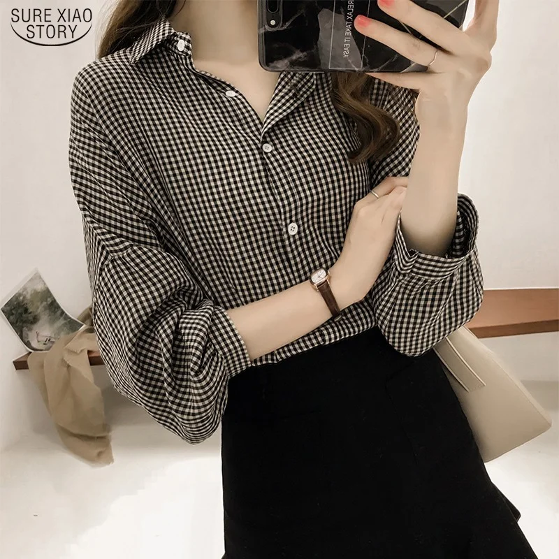 

Spring Plaid Shirt Plus Size Office Lady Shirts Korean Puff Long Sleeve Women Tops and Blouse Casual 4XL Clothes Blusas 8809 50
