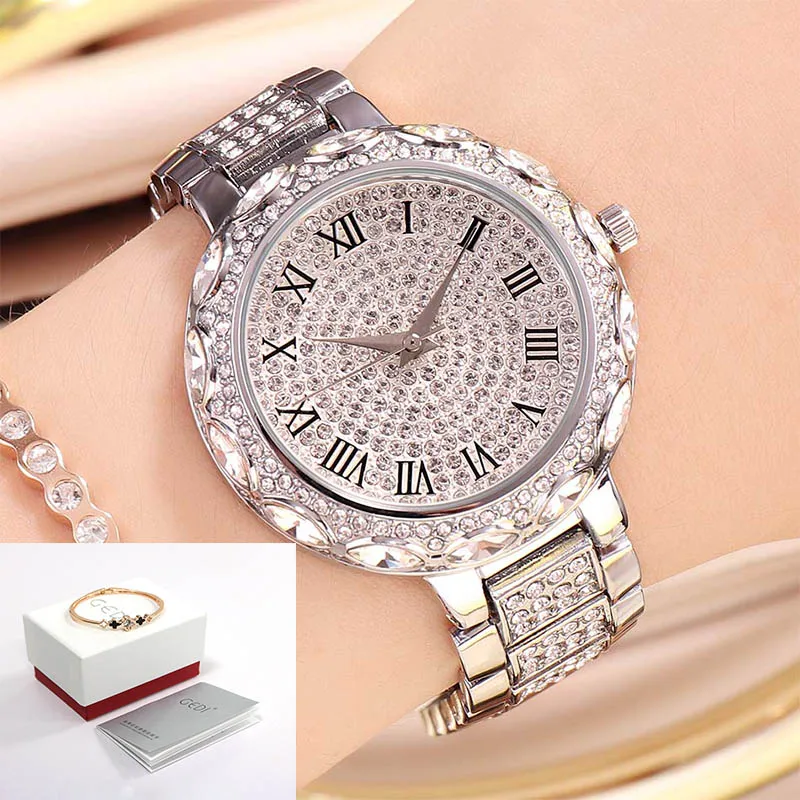 Silver Box GEDI роскошные женские часы с бриллиантами, полностью Стразы, наручные часы, женские часы с кристаллами, золотые женские кварцевые часы zegarek damski - Цвет: Silver Box