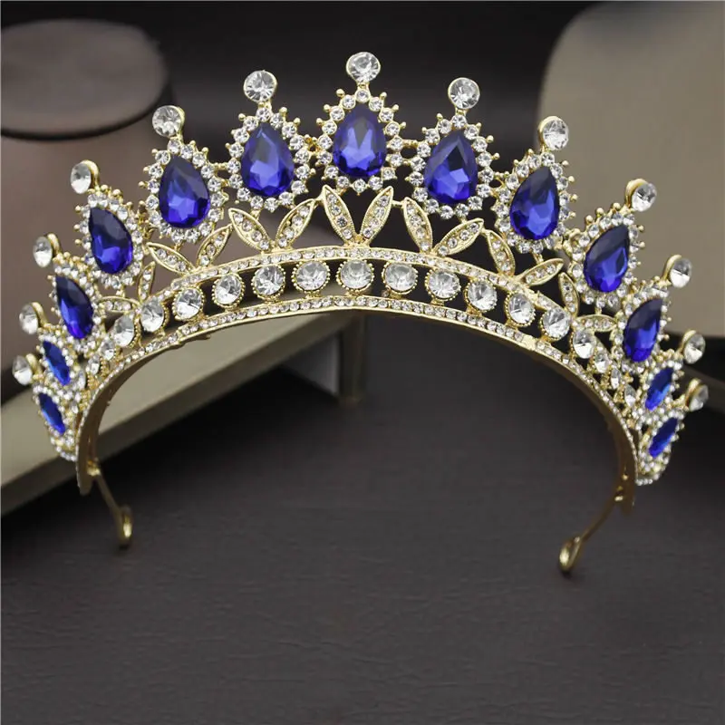 Gold Blue Великолепная розовая Хрустальная свадебная тиара свадебная корона ободок тиара королевские украшения для волос пышная корона аксессуары для головы - Окраска металла: Gold Blue