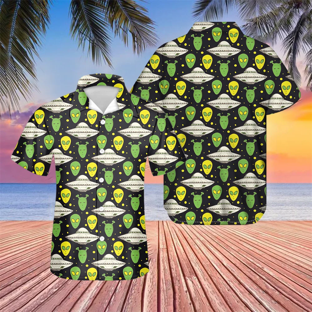 

Повседневная кубинская рубашка Guayabera для мальчиков-подростков, мужские летние рубашки с коротким рукавом и космическим рисунком, пляжные рубашки с пуговицами