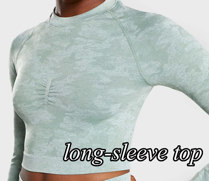 Long-sleeve Green Камуфляжной расцветки, Йога Комплект Для женщин бесшовные Фитнес бюстгальтер для йоги со спортивным бюстгальтером с рисунком камуфляж Высокая Талия тренажерный зал легинсы, штаны для фитнеса костюм тренировки - Цвет: Long-sleeve Green