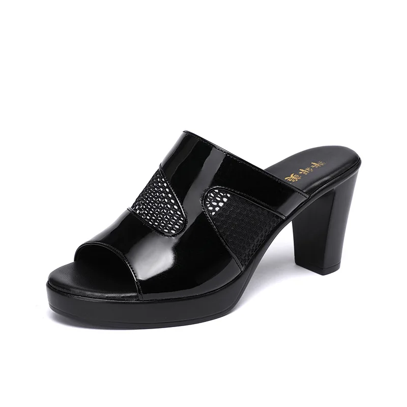 

Mid-heel women summer new waterproof platform fish mouth sandals and slippers patent leather large size outdoor slippers women