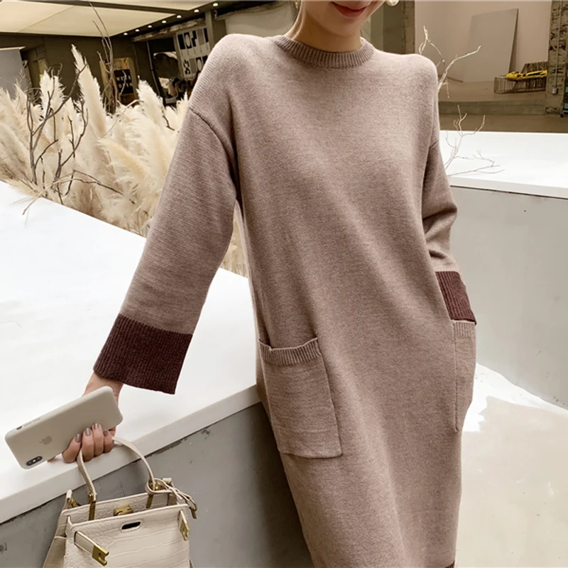 Женское платье-свитер с карманами BGTEEVER свободное платье-джемпер средней длины