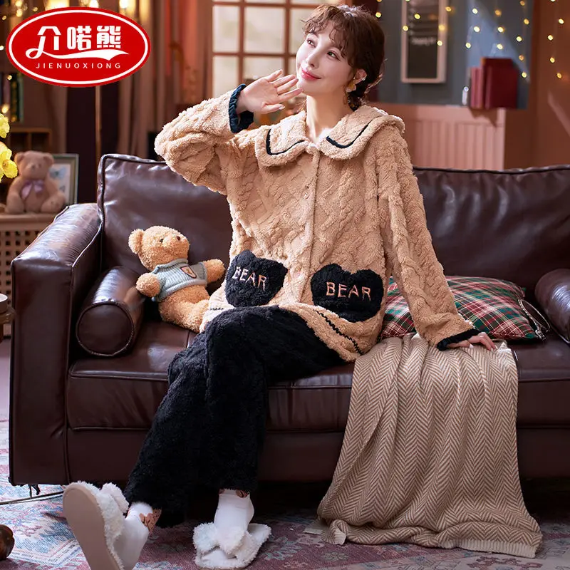 Зимние плотные теплые фланелевые пижамные комплекты для женщин одежда сна