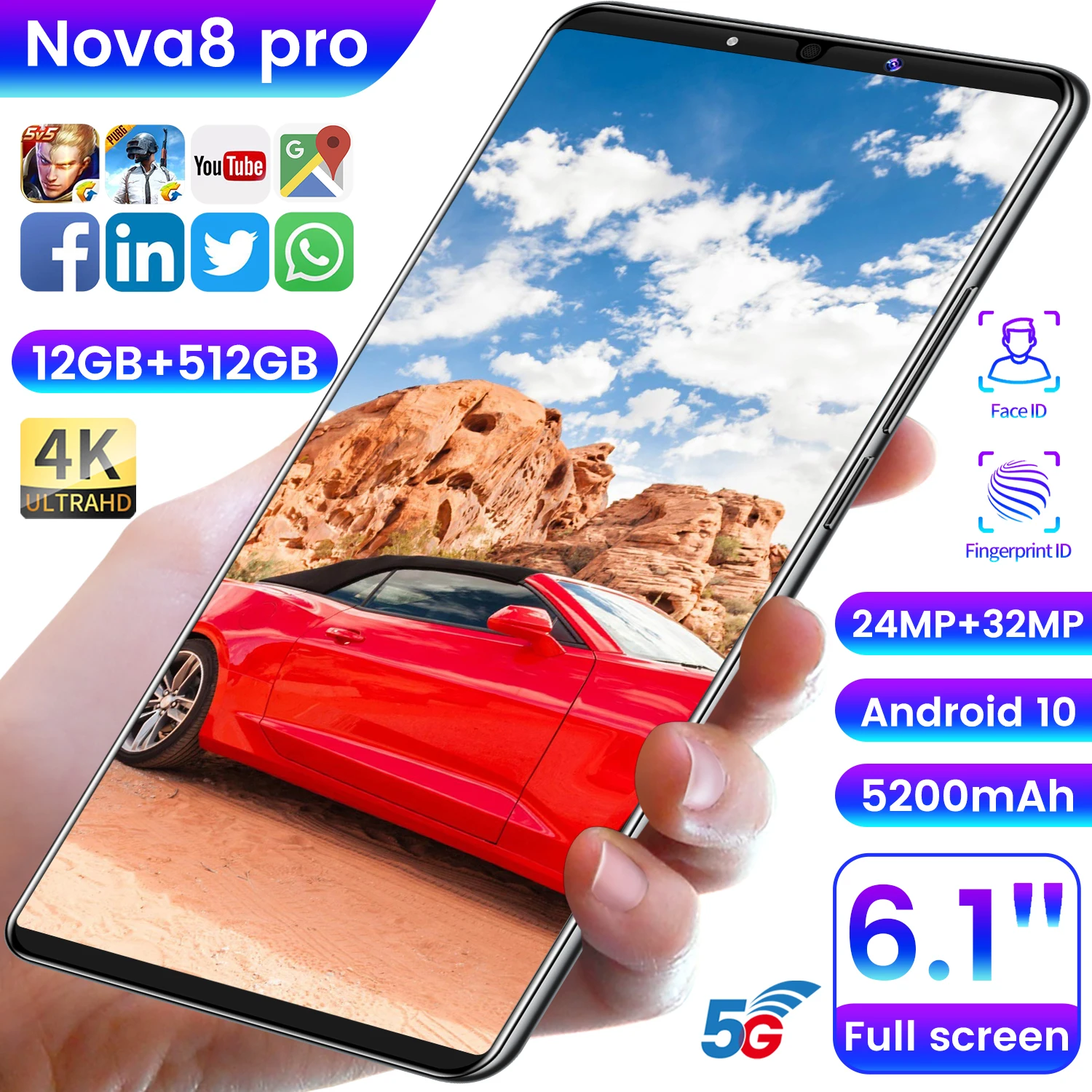 

Newest Nowa 8 Pro HUAWE 6.1" 5G 12GB 512GB Dual SIM Card 5200mAh Global Version Smartphone Camera Mobile Phone Google GPS WiFi