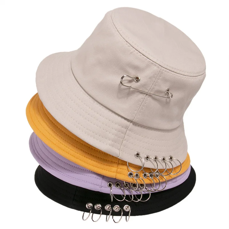 

Solid Color Iron Needle Ring Personality Bucket Hat Unisex Women's Cotton Fisherman Hat Casual Panama Hat