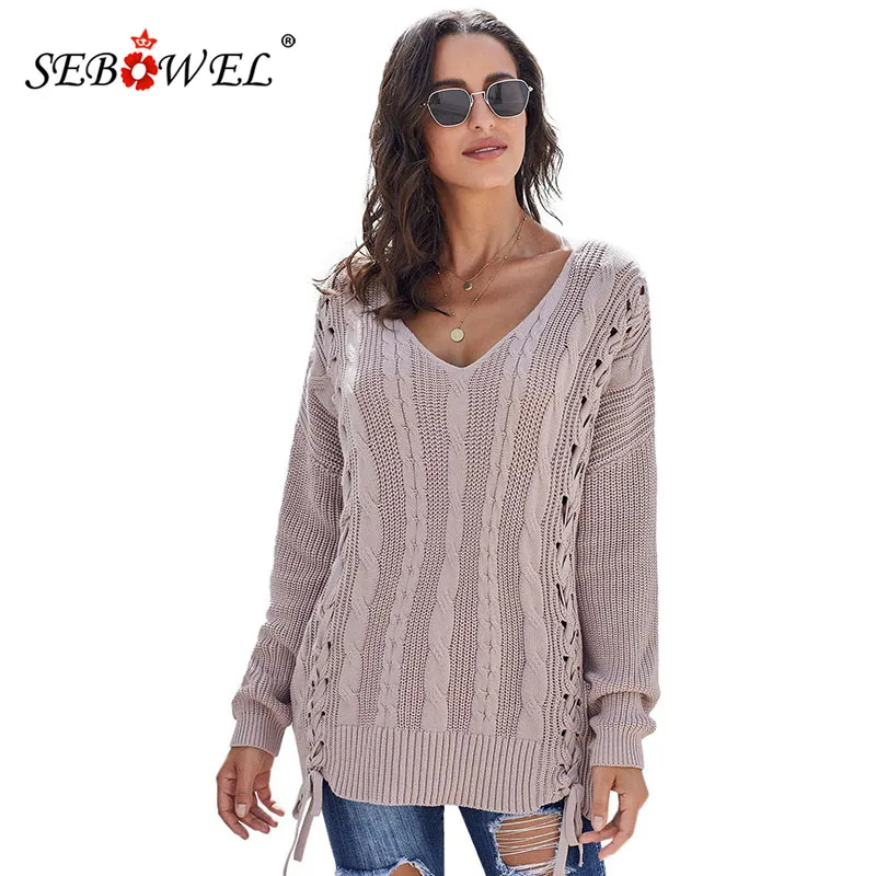 Женский трикотажный пуловер с V-образным вырезом длинным рукавом | Женская одежда