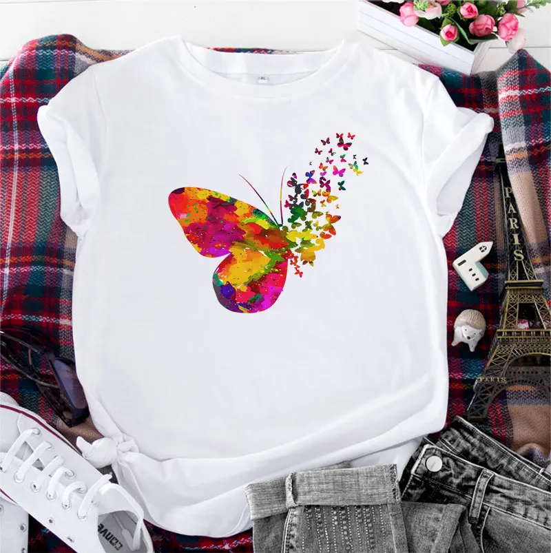 

Summer Cotton Women T Shirt 5XL Plus Size Butterfly Print Short Sleeve Graphic Tee Tops Casual O-Neck Female TS