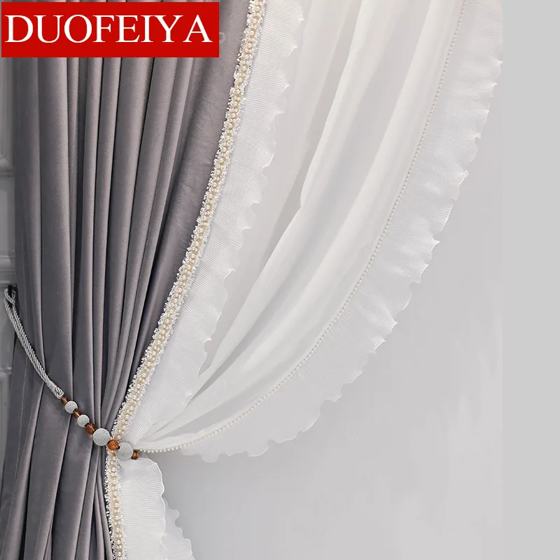 

French Light Luxury Curtains Bedroom Bay Windows High-grade Gray Not Inverted Velvet Stitching Lace Curtains for Living Room