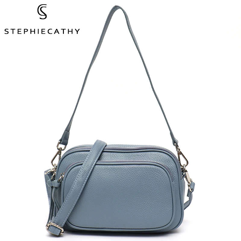 

SC Multi Zip Pockets Genuine Leather Two Strap Bag for Girl Fashion Square Satchels Handbag Crossbody Bags Ladies Cowhide Purse