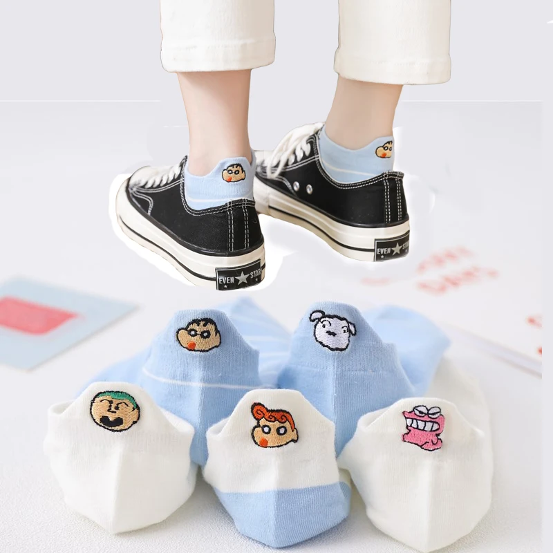 

5Pairs Kawaii Women Socks Happy Fashion Ankle Funny Cartoon Socks Women Cotton Embroidered Expression Candy Color socks SP01
