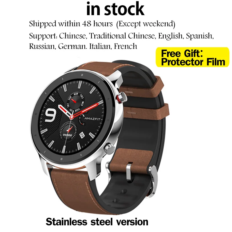 Глобальная версия Amazfit GTR, 47 мм, Huami, gps, умные часы, мужские, 5 АТМ, водонепроницаемые, умные часы, 24 дня, батарея, AMOLED экран, музыкальный контроль - Цвет: 47MM stainless steel
