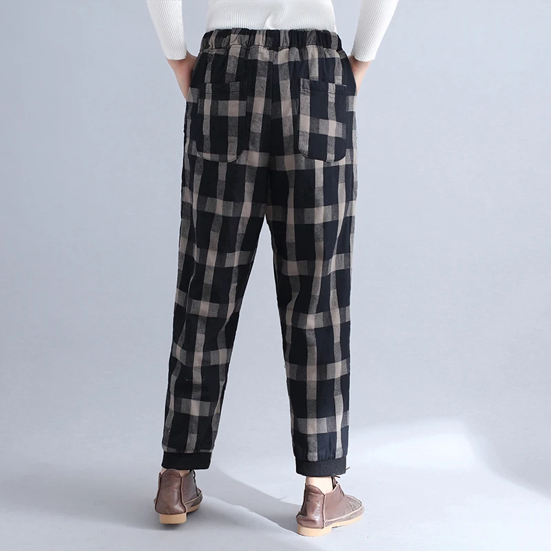 

Thicken Warm Plaid Women Pant Loose Straight Ankle Length Vintage Warm Cotton Female Pants Top Quality